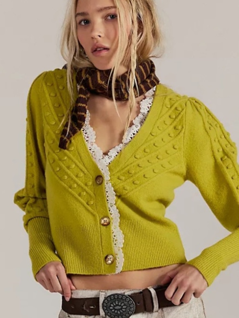 Free People Lace Softspun Long Sleeve Cardigan Chartreuse Lime Green Small